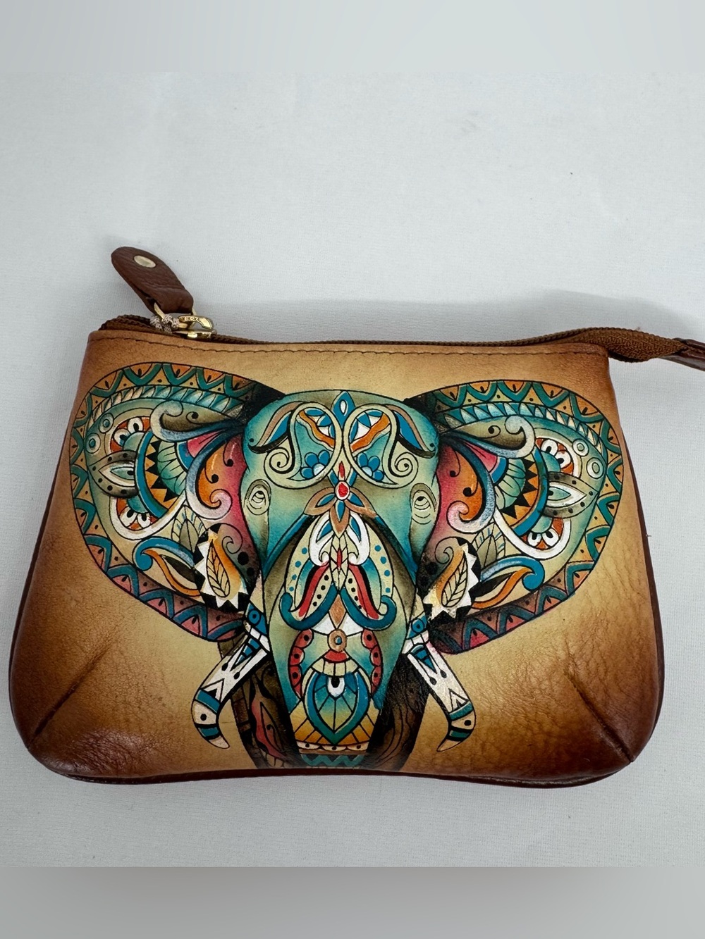 NWT Anuschka Elephant Mandala Zip Pouch Leather
